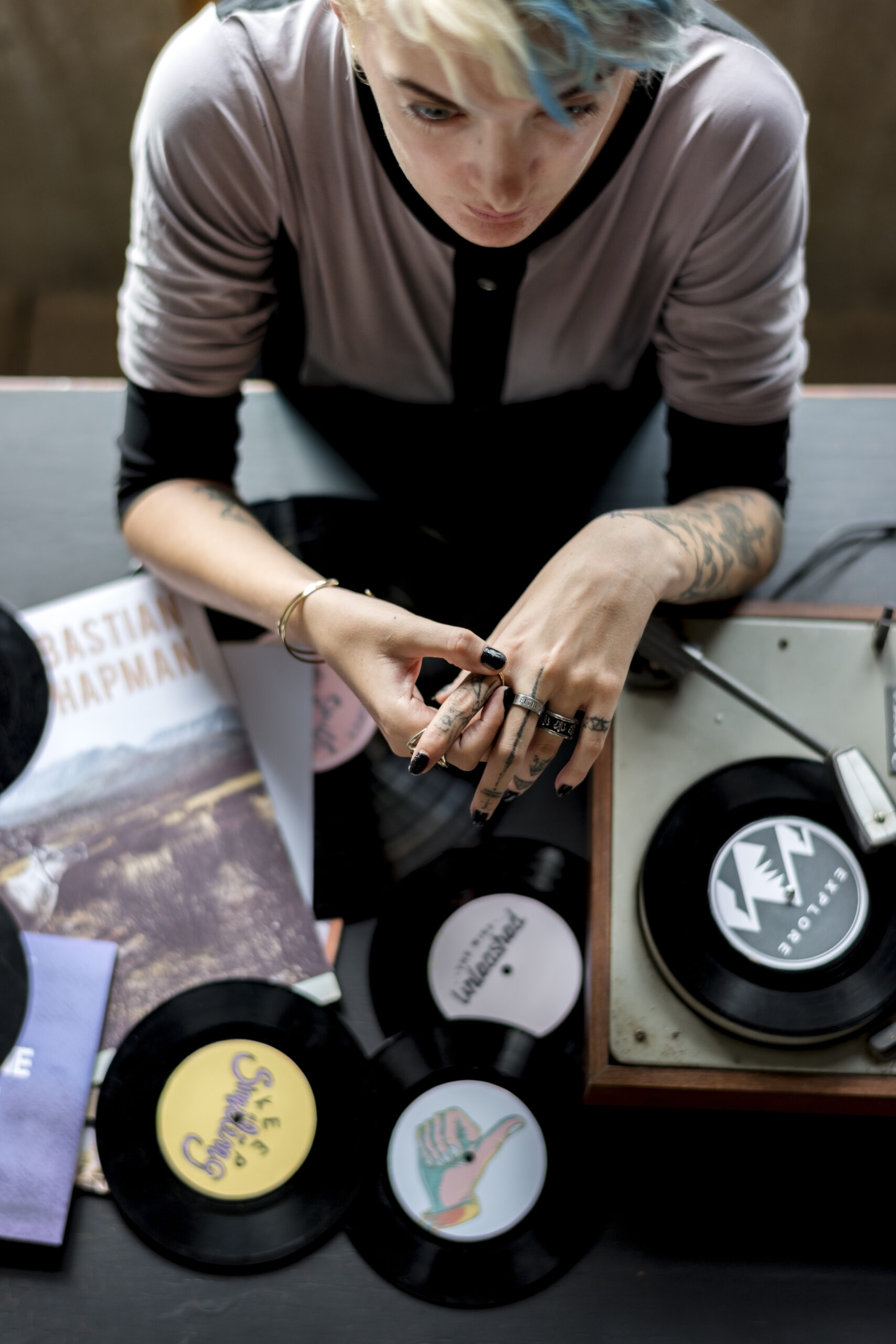 Tattoo Woman with Music Vinyl Record Disc with Player